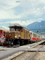 RhB Salonzug 3843 von Landquart nach Chur am 07.06.1997 in Chur mit E-Lok Ge 6/6 I 415 - AS 1112 - AS 1143 - AS 1142. Hinweis: Salonwagen inzwischen umgebaut.
