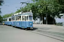 Zürich VBZ Tram 5 (SWS/MFO Be 4/4 1401 + SIG B 750) Zürichbergstrasse / Zoo / Dreiwiesenstrasse am 15. Juli 1983. - Scan eines Diapositivs. Film: Kodak Ektachrome. Kamera: Leica CL.