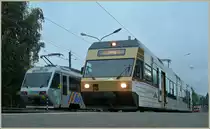 Nachdem der CEV GTW Be 2/6 7003 vor einigen Monaten ein unfreiwilliges Rendez-vous mit  einem Lastwagen hatte, erschien er nun, der alten Lackierung und zwei Achsen beraubt, als Be 2/4 7003 wieder in Blonay.
Das Bild entstand im Morgengrauen des 15. Oktober 2011 in Blonay.