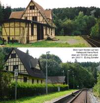 Genau so konsequent missverst�ndlich wie der Bahnhofsname  Lobenstein S�d  ist der Haltepunkt  Harra Nord : Er liegt nicht am Nordrand des Ortes, sondern 2 km n�rdlich davon einsam am Waldrand beim kleinen Lemnitzhammer. Am 16.9.95 wirkte das Empfangsgeb�ude unansehnlich, wurde aber kurz danach gr�ndlich renoviert und seither als Wohnhaus genutzt.