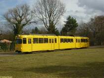 Entgegen der Vorhersage hatte der Wettergott bei der Sonderfahrt am 25.03.2006 ein Einsehen mit den Fotografen. So pr�sentierte sich der O-Triebwagen 111 (ex902) an der Haltestelle Louisa im besten Licht auf dem Stumpfgleis, das auch lange schon nicht mehr planm��ig von der Stra�enbahn angefahren wird.
