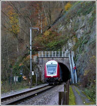 - Faszination Eisenbahn - Im herbstlichen  Bl�tterregen  beobachten Gro�vater Hans und seine Enkeltochter das Verschwinden der RB 3237 Wiltz - Luxembourg in den Tunnel Bourscheid. 06.11.2011 (Jeanny)