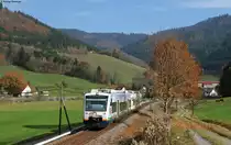 VT 516  E-Werk Mittelbaden  und 525 als OSB87382 (Freudenstadt Hbf-Bad Griesbach(Schwarzwald) bei Halbmeil 6.11.11