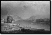 Delaware Water Gap (etwa um 1887) - Die Lokomotive f�hrt auf der 1855 vollendeten Strecke der Delaware, Lackawanna and Western Railroad dem Betrachter entgegen und steht in Kontrast zu dem langsam stromaufw�rts fahrenden Flo�. Der Betrachter befindet sich auf der Pennsylvania-Seite des Delaware; New Jersey liegt am jenseitigen Flu�ufer. In der Ferne durchbricht der Delaware die Kittantinny Berge. 
