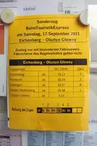 Da staunten wir auch nicht schlecht, als wir am Vorabend des 17.09.2011 bereits diesen Aushang sahen... Ein Sonderzug ab Eichenberg!? Das kommt vielleicht alle zehn Jahre einmal vor. Da war es nat�rlich Pflicht, am 17.09.2011 nochmal Eichenberg zu besuchen.