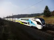 Der von der Stadler Altenrhein AG gebaute elektrische Doppelstock-Triebzug KISS der Westbahn GmbH am 11.11.2011 auf Testfahrt zwischen P�ndorf und Frankenmarkt in Fahrtrichtung Linz.
