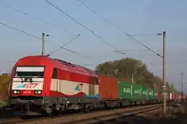 EVB 420 14 am 27.10.11 mit einem Containerzug bei der Durchfahrt durch Hamburg-Moorburg.