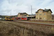 03.12.2011, der Bahnhof mit den zum Teil zur�ckgebauten Gleisen in Pockau-Lengefeld
