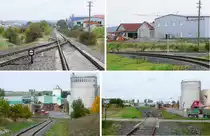 Zehn Jahre sp�ter sind rings um den Abzweig in km 3 Gewerbegeb�ude aus dem Boden gewachsen. Der Gleisanschluss selber wird aber - wenn �berhaupt - nur sporadisch f�r die Zustellung von G�terwagen genutzt. (Streckenbegehung am 5.10.11 von oben links nach unten rechts)