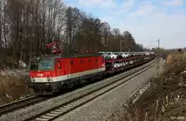 �BB 1144 232 vor Ganzzug Autotransport Richtung Rosenheim, KBS 951 M�nchen - Rosenheim - Salzburg, fotografiert bei Gutmart zwischen A�ling und Gro�karolinenfeld am 25.02.2011