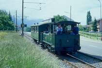 BC Museumsbahn-Dampfzug 5022 von Chaulin Weiche nach Blonay am 23.05.1999 bei Blonay mit Dampflok exLEB G 3/3 5 - exSEG C4 171. Gegenlichtaufnahme
