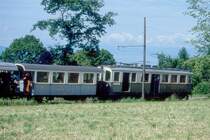 BC Museumsbahn-Extrazug 6524 von Chaulin Weiche nach Blonay am 31.05.1993 bei Chaulin mit Triebwagen exMCM BCFeh 4/4 6 - exMCM BC 10 - exBOB C4 44 - exGF Ge 4/4 75

