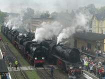 Alle Loks, die an der Parade teilnehmen, werden nach Einzelfahrten zusammengekoppelt und fahren dann pfeifend an der Paradestrecke entlang. 29.4.2006 Wolsztyn