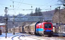 1116 017 am Audig�terzug 47123 nach Gy�r bei der Durchfahrt in Tullnerbach-Pressbaum am 18.1.2012.