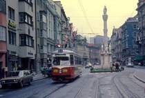 Innsbruck IVB SL 1 (Großraumtriebwagen 6* (Lohnerwerke 1960)) Maria-Theresien-Straße am 14. Juli 1978. - Scan eines Diapositivs. Film: Kodak Ektachrome. Kamera: Leica CL.