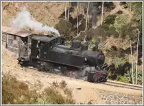 Bei km 111,8 oberhalb Shegerini rattert 440.008 Richtung Asmara. Der Bremser auf dem G�terwagen reagiert sofort auf die Pfeifsignale der Lok. (30.01.2012)