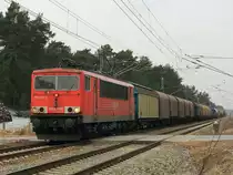 155 110-0 mit einem G�terzug Richtung Dresden kurz vor dem Bahn�bergang in Klein Ziescht.