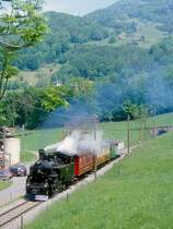 BC Museumsbahn Dampfzug 337 von Blonay nach Weiche-(Chaulin) am 19.05.1997 bei Cornaux mit Dampflok exBFD HG 3/4 3 - exCEG BC 21 - GFM Br 247 - exCEG BC 23 - exMOB C4 45.
