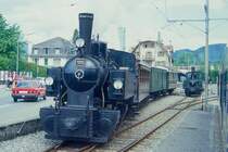 BC Museumsbahn Dampfzug 105043 von Blonay nach Chamby am 23.06.1999 in Blonay mit Dampflok exSEG G 2x2/2 105 - exBOB C4 44 - exRB ABCFZ4 15 - exSEG C4 171. Hinweis: Rangierfahrt Bereitstellung 
