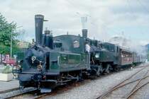 BC Museumsbahn Dampfzug 105043 in Doppeltraktion von Blonay nach Chamby am 23.06.1999 in Blonay mit Dampflok exLEB G 3/3 5 - exSEG G 2x2/2 105 - exBOB C4 44 - exRB ABCFZ4 15 - exSEG C4 171.
