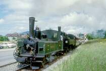 BC Museumsbahn Dampfzug 105043 in Doppeltraktion von Blonay nach Chamby am 23.06.1999 bei Blonay mit Dampflok exLEB G 3/3 5 - exSEG G 2x2/2 105 - exBOB C4 44 - exRB ABCFZ4 15 - exSEG C4 171.
