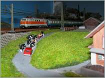 Und nun sind die von der  alten Z Anlage  geholten und gewaschenen Khe bereits auf dem Weg zu ihrem neuen Stall (den man Rechst im Bild sieht und riecht). 
Im Hintergrund die DB 111 136-8 mit einem Zug des Nahverkehrs. 
18. Feb. 2012