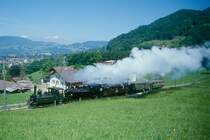 BC Museumsbahn Dampfzug 105043 in Doppeltraktion von Blonay nach Chamby am 24.06.1999 bei Cornaux mit Dampflok exLEB G 3/3 5 - exSEG G 2x2/2 105 - exBOB C4 44 - exRB ABCFZ4 15 - exSEG C4 171.
