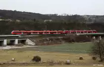 DB 442 266-3 + 442 733-2 der S-Bahn N�rnberg auf �berf�hrungsfahrt Richtung S�den, Saalbahn KBS 560 Leipzig - Saalfeld, fotografiert am Abzw. Saaleck am 21.02.2012