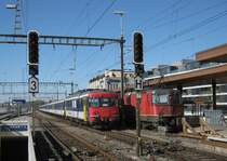 Ersatz S3 18358 Bei Ausfahrt in Wetzikon. Anstelle eines DPZ verkehrte ein Doppel RBe Pendel mit 6 EWI Zwischenwagen. Vorne im Bild ist der RBe 540 053-6, hinten der RBe 540 061-9, 29.02.2012. 

