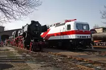 Die in der vor�bergehenden Farbgebung der als  Wei�en Lady  bekannten 243 001-5(212 001-2) gestaltete Museumslokomotive 143 117 war einer der Hingucker zu den 9.Leipziger Eisenbahntagen des EMBB Leipzig am 17.03.2012. Hier zu sehen, neben der vereinseigenen 52 8154-8 die f�r F�hrerstandsmitfahrten zur Verf�gung stand. 