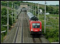 1116 128 kurz nach der Durchfahrt des  Busserltunnels  auf der S�dbahn zw. Gunpoldskirchn und Pfaffst�tten auf dem Weg, mit einer Doppelstockwaggongarnitur, nach Wiener Neustadt am 20.5.2006