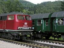 218 307-7. Fleischmann HO. Fotografiert an f10 f�r 1.5 Sekunden unter sp�ter Nachmittag Fensterlicht. Hintergrund und mitfahrer mit Photoshop, nat�rlich.