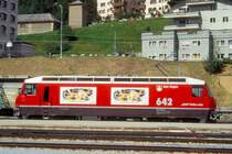 RhB - Ge 4/4 III 642  BRAIL/BRIGELS  am 04.09.1996 in St.Moritz - Drehstrom-Universallokomotive - �bernahme 24.01.1994 - SLM5490/ABB - 3200 KW - Gewicht 62,00t - L�P 16,00m - zul�ssige Geschwindigkeit 100 km/h - Logo RhB rh�toromanisch - Werbung: CALANDA
