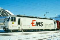 RhB - Ge 4/4 III 643  VALS  am 07.02.1997 in Samedan - Drehstrom-Universallokomotive - �bernahme 22.02.1994 - SLM5491/ABB - 3200 KW - Gewicht 62,00t - L�P 16,00m - zul�ssige Geschwindigkeit 100 km/h - Logo RhB deutsch - Werbung: EMS-CHEMIE
