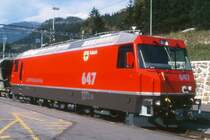 RhB - Ge 4/4 III 647  GR�SCH  am 19.10.1994 in Tiefencastel - Drehstrom-Universallokomotive - �bernahme 20.09.1994 - SLM5634/ABB - 3200 KW - Gewicht 62,00t - L�P 16,00m - zul�ssige Geschwindigkeit 100 km/h - Logo RhB deutsch - Werbung: ohne - gescanntes Dia 
