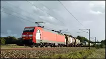 DBSRS EG 3110 ist mit GD 44732 von Maschen nach Malm� Gbg am 13.09.2011 bei Lovtrup Vestermark unterwegs. P�nktlich zur Durchfahrt des Zuges gab's vor dem n�chsten Regenschauer noch das ersehnte Wolkenloch.