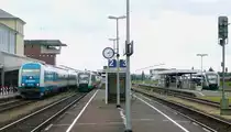 Blick nach Westen auf den Bahnhof Weiden am 18.8.08: 223 069 auf Gleis 1 brachte den  Alex  aus M�nchen, Arriva-VT 170 auf Gleis 2 f�hrt nach Hof und Arriva-VT 180 auf Gleis 6 nach Regensburg.