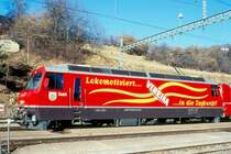 RhB - Ge 4/4 III 648  SUSCH  am 26.02.1998 in Flisur - Drehstrom-Universallokomotive - �bernahme 05.11.1994 - SLM5635/ABB - 3200 KW - Gewicht 62,00t - L�P 16,00m - zul�ssige Geschwindigkeit 100 km/h - Logo RhB deutsch - Werbung: VEREINA - gescanntes Dia 

