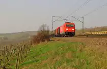 RAILION DB Logistics 185 258-1 mit einem gemischten G�terzug Richtung Wiesbaden, am 23.03.2012 im Rheingau bei Erbach.