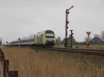 ER 20-001 (223 001) mit NOB nach Nieb�ll hat Einfahrt nach Klanxb�ll von Westerland kommend. Aufgenommen am 09.04.2012.