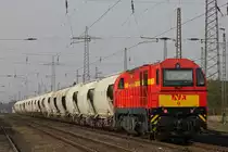 Die Neusser Eisenbahn 9 fuhr am 27.3.12 mit R�cklicht und einem blind fahrenden Tf durch Ratingen-Lintorf.Am Haken war ein leerer Kalkstaubzug.