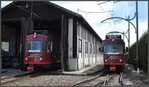 Bei der Remise in Oberbozen sind gleich beide BDe 4/8, die Nr. 21 und 24 zu sehen. (08.05.2012)