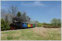 Der Stainzer Flascherlzug im Zuge einer Sonderfahrt f�r eine schweizer Reisegruppe am 26.4.2012 beim ehemaligen Deckungssignal f�r das Vierschienengleis in Preding aufgenommen. W�hrend der Saison werden wir ihn nie mehr in so einer „stilechten“ Garnitur zu sehen bekommen.