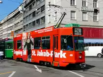 BVB - Tram Be 4/4 495 mit Werbung unterwegs auf der Linie 14 in Basel am 04.05.2012