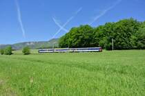 Im Bild ist der NPZ-Pendel, BDt EWII, 50 85 82-33 932-3, AB EWII, 50 85 39-35 008-3, und der RBDe 560 107-5 bei der R�ckfahrt als R 6540 zwischen Lommiswil und Langendorf, auf der H�he Bellach, 14.05.2012.