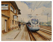 Bahnsteig 1 im Bahnhof Elsterwerda,
gemalt aus Anlass der ICE-Taufe eines 411 auf den Namen der Stadt Elsterwerda, 2012.
Maler und Fotograf Bernd Kauschmann