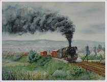 Eine 44 auf der Rampe von Saalfeld nach Unterwellenborn, Aquarell nach einem eigenen Foto von 1980.
Maler und Fotograf Bernd Kauschmann