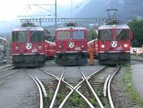 Chur altes Arosaareal 10.07.2005 um 06.00 Uhr. Allerletzte Dreier-Aufstellung der Morgenz�ge nach Arosa.
GE 4/4 II 627 Reichenau/Tamins , Ge 4/4 I 605 Silvretta  sowie
Ge 4/4 II 632 Zizers 