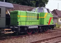 Diesellok V 91, Nr 4, der Westf�lischen Almetalbahn (WAB) hier im Bf Grevesm�hlen. Sie fuhr im August 2005 anl��lich des 100. Streckenjubil�ums Grevesm�hlen - Kl�tz. Grevesm�hlen im August 2005 [Repro vom Negativ]