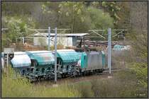 Der Frhling kreiert seine eigenen Farben. Grntne dominieren bei dieser 
Momentaufnahme in Botzelaer/Belgien. Eine Cobra (E-186) ist mit ihrer Fracht 
unterwegs auf der Montzenroute. Auch dieser Zug passt sich farblich der Natur an.
April 2012.